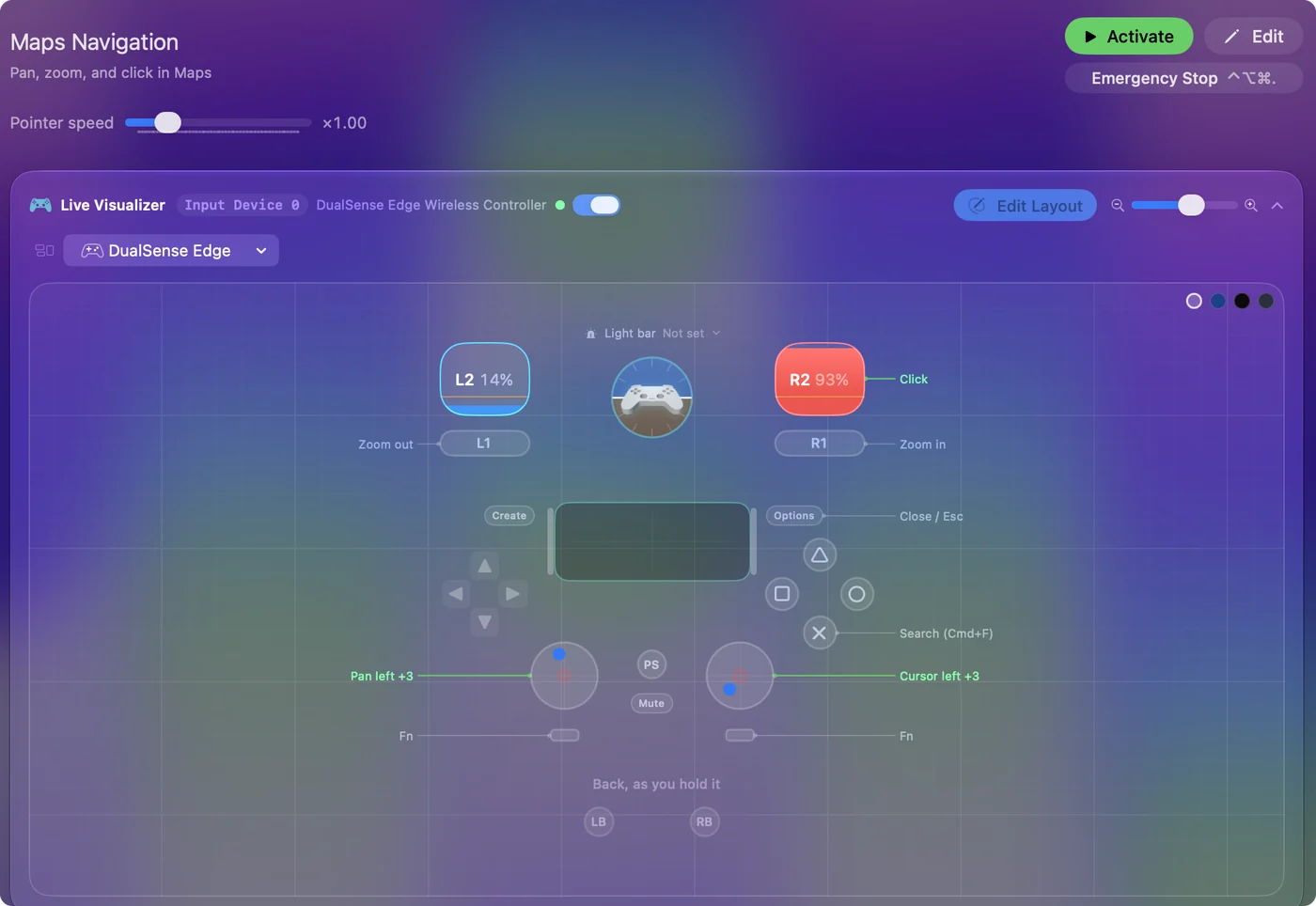 The Maps Navigation preset in InputConfig, drawn on a DualSense Edge with each control labeled with the key or action it sends.