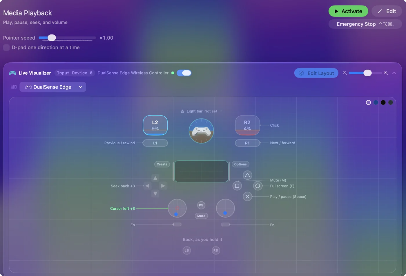 The Media Playback preset in InputConfig, drawn on a DualSense Edge with each control labeled with the key or action it sends.