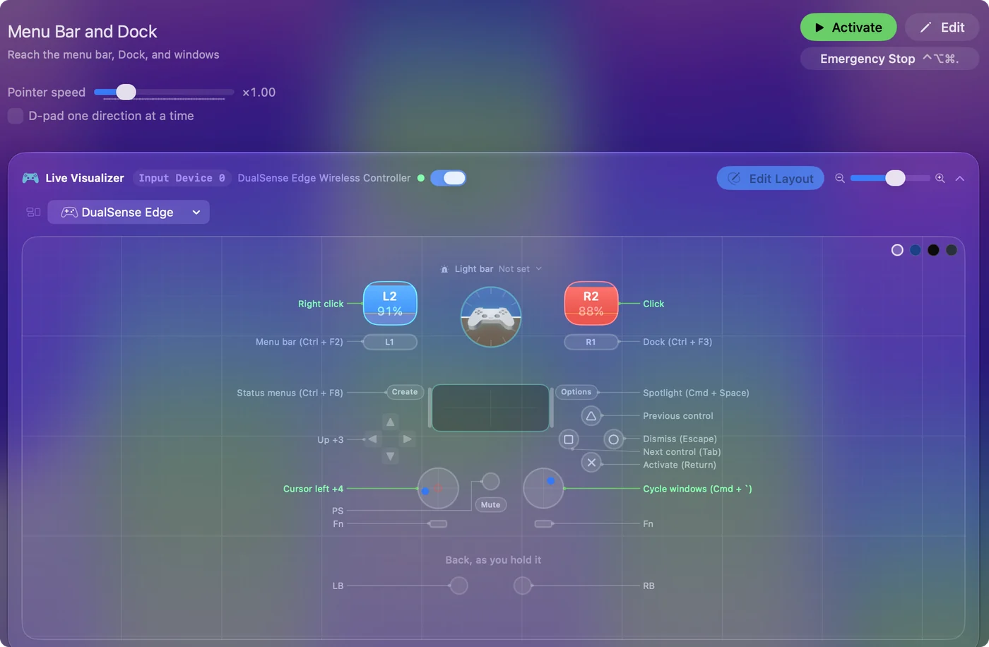The Menu Bar and Dock preset in InputConfig, drawn on a DualSense Edge with each control labeled with the key or action it sends.
