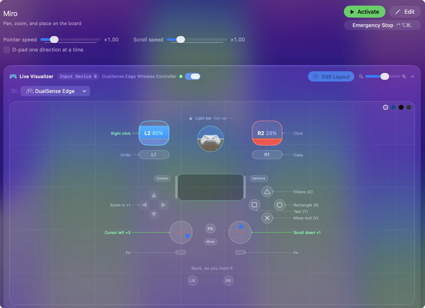 The Miro preset in InputConfig, drawn on a DualSense Edge with each control labeled with the key or action it sends.
