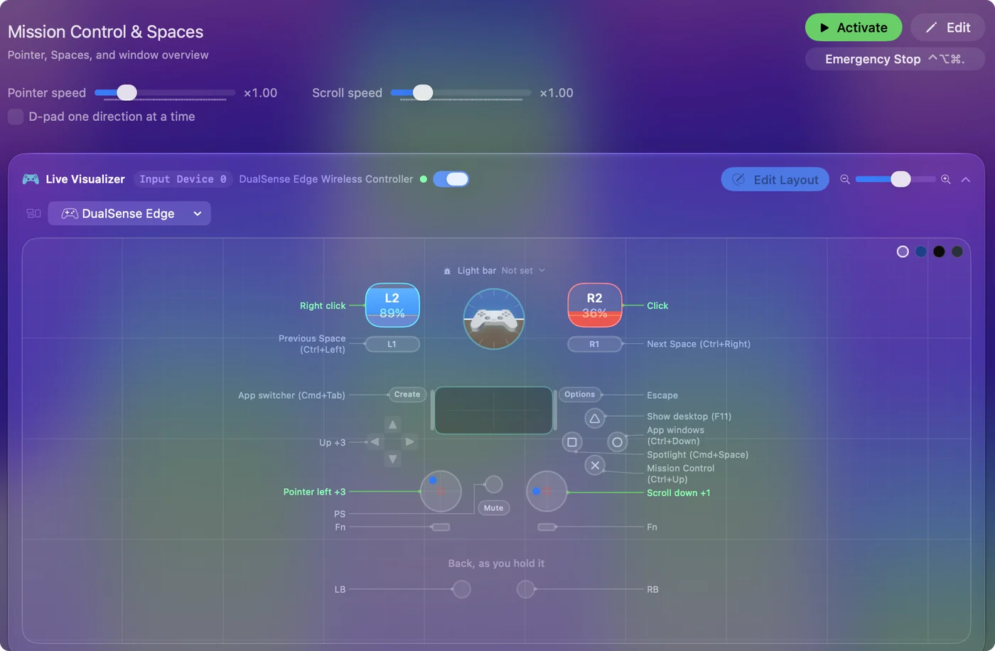 The Mission Control & Spaces preset in InputConfig, drawn on a DualSense Edge with each control labeled with the key or action it sends.