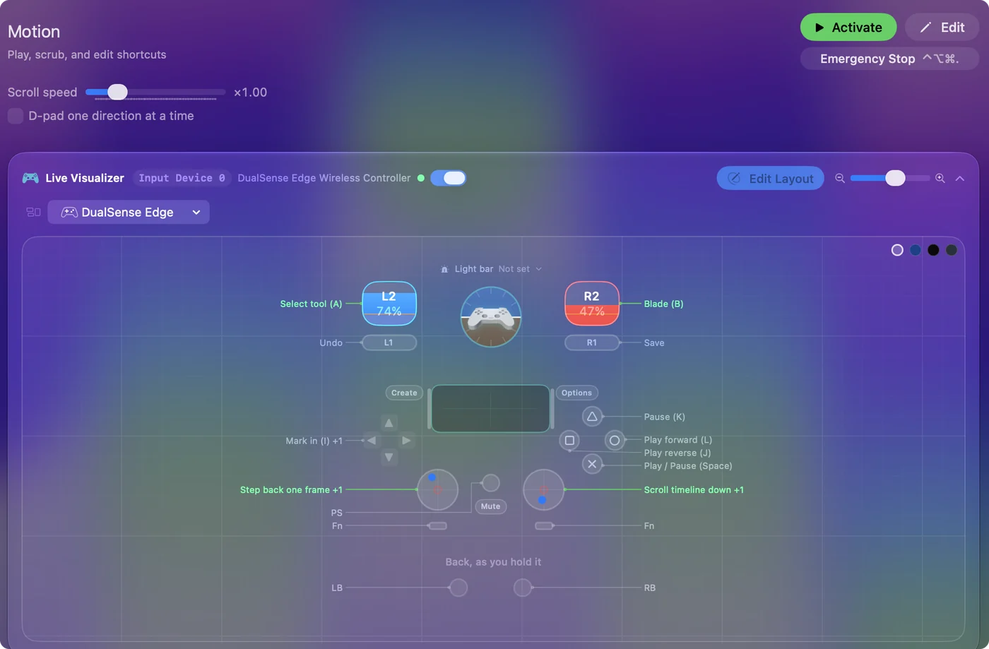 The Motion preset in InputConfig, drawn on a DualSense Edge with each control labeled with the key or action it sends.