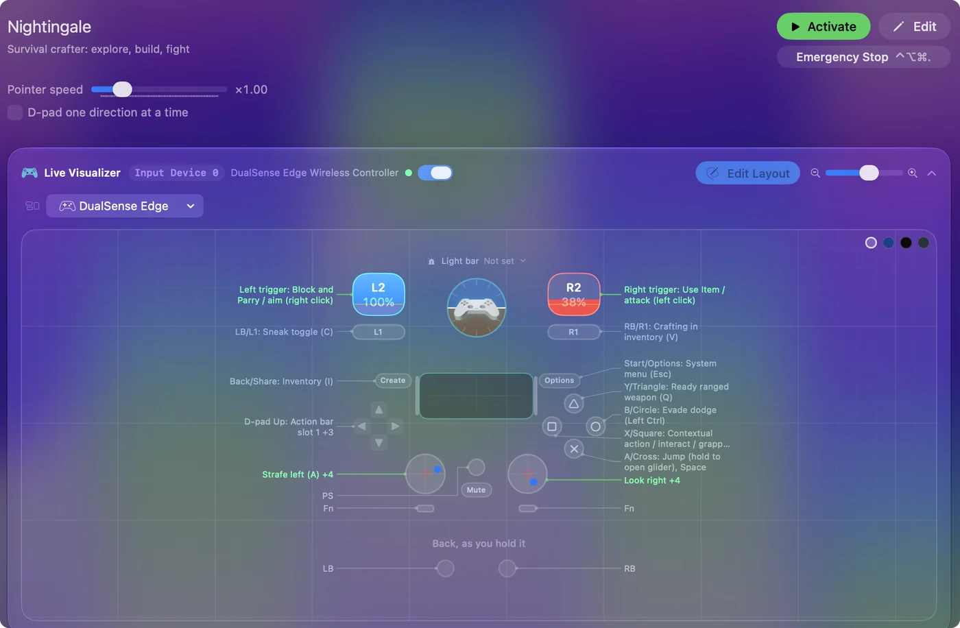 The Nightingale preset in InputConfig, drawn on a DualSense Edge with each control labeled with the key or action it sends.
