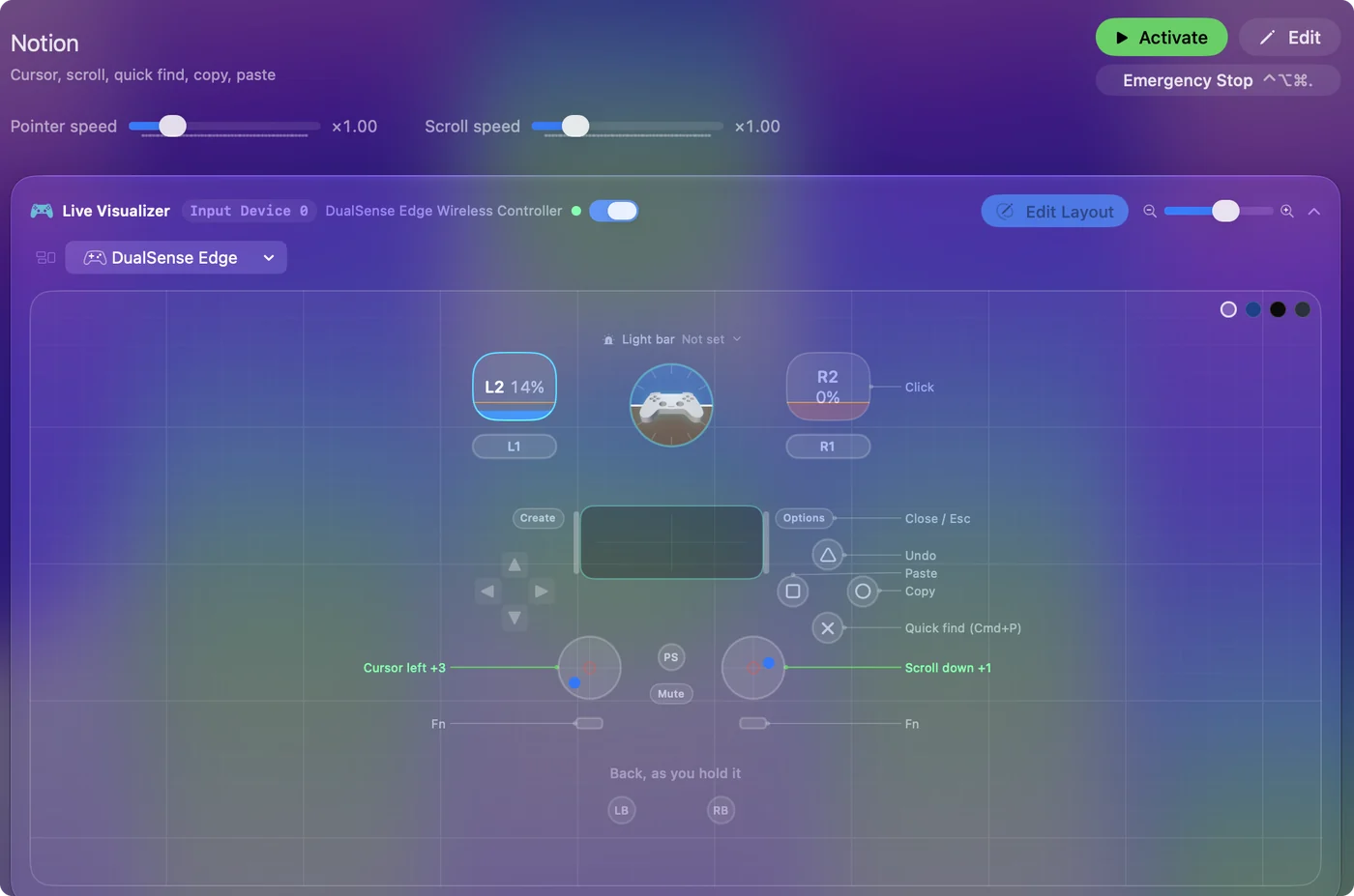 The Notion preset in InputConfig, drawn on a DualSense Edge with each control labeled with the key or action it sends.
