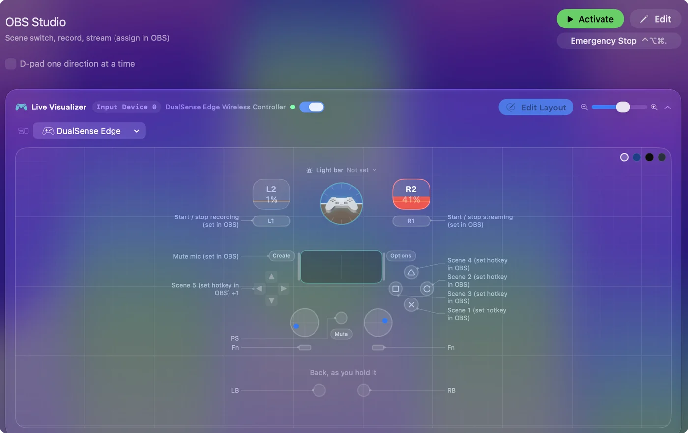 The OBS Studio preset in InputConfig, drawn on a DualSense Edge with each control labeled with the key or action it sends.