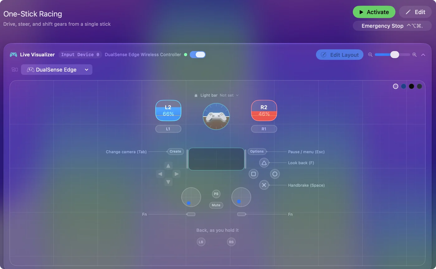 The One-Stick Racing preset in InputConfig, drawn on a DualSense Edge with each control labeled with the key or action it sends.