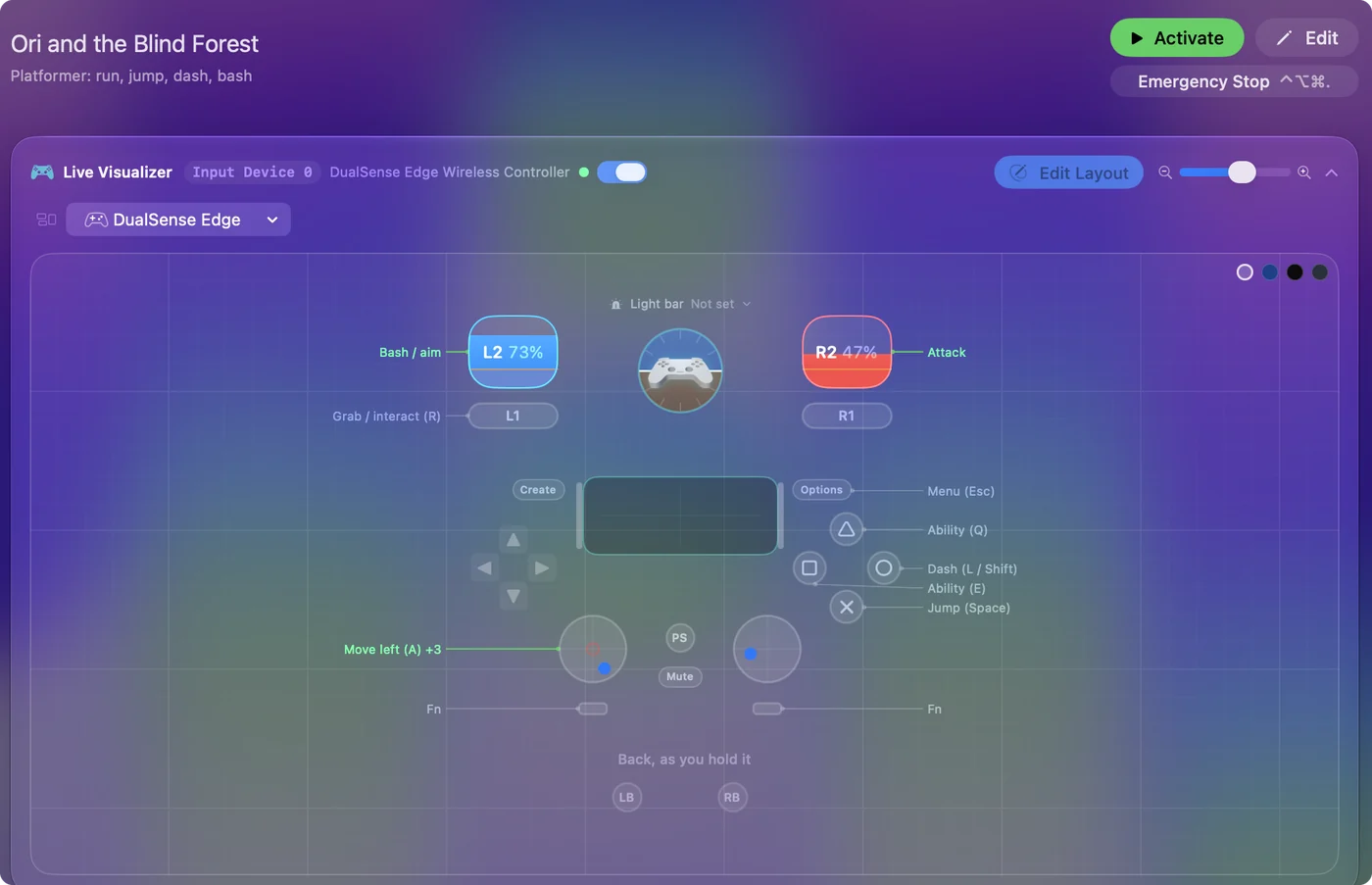 The Ori and the Blind Forest preset in InputConfig, drawn on a DualSense Edge with each control labeled with the key or action it sends.