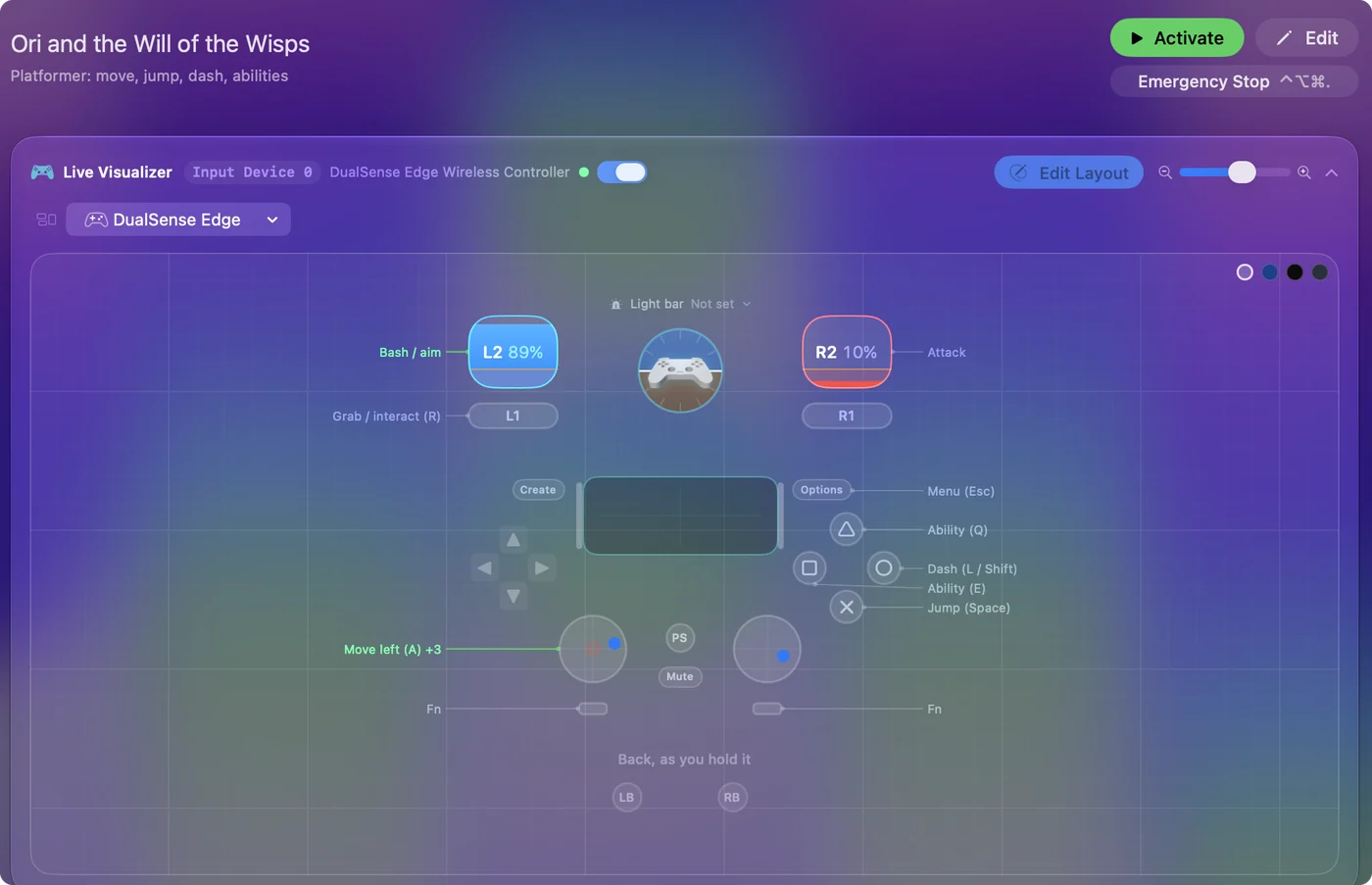 The Ori and the Will of the Wisps preset in InputConfig, drawn on a DualSense Edge with each control labeled with the key or action it sends.