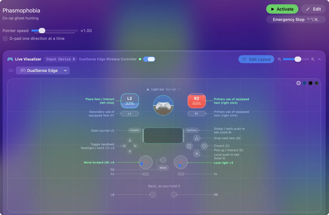 The Phasmophobia preset in InputConfig, drawn on a DualSense Edge with each control labeled with the key or action it sends.
