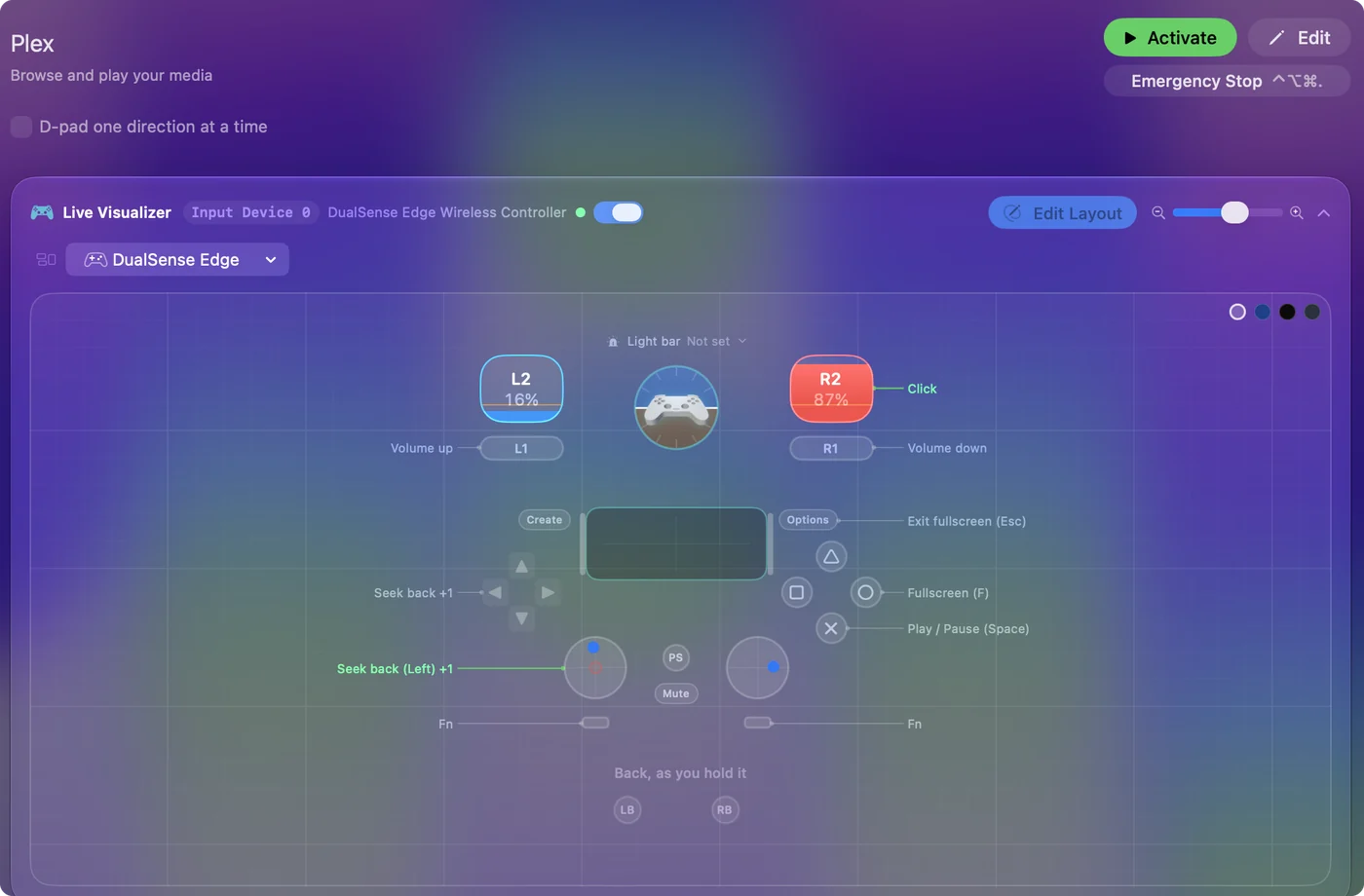 The Plex preset in InputConfig, drawn on a DualSense Edge with each control labeled with the key or action it sends.