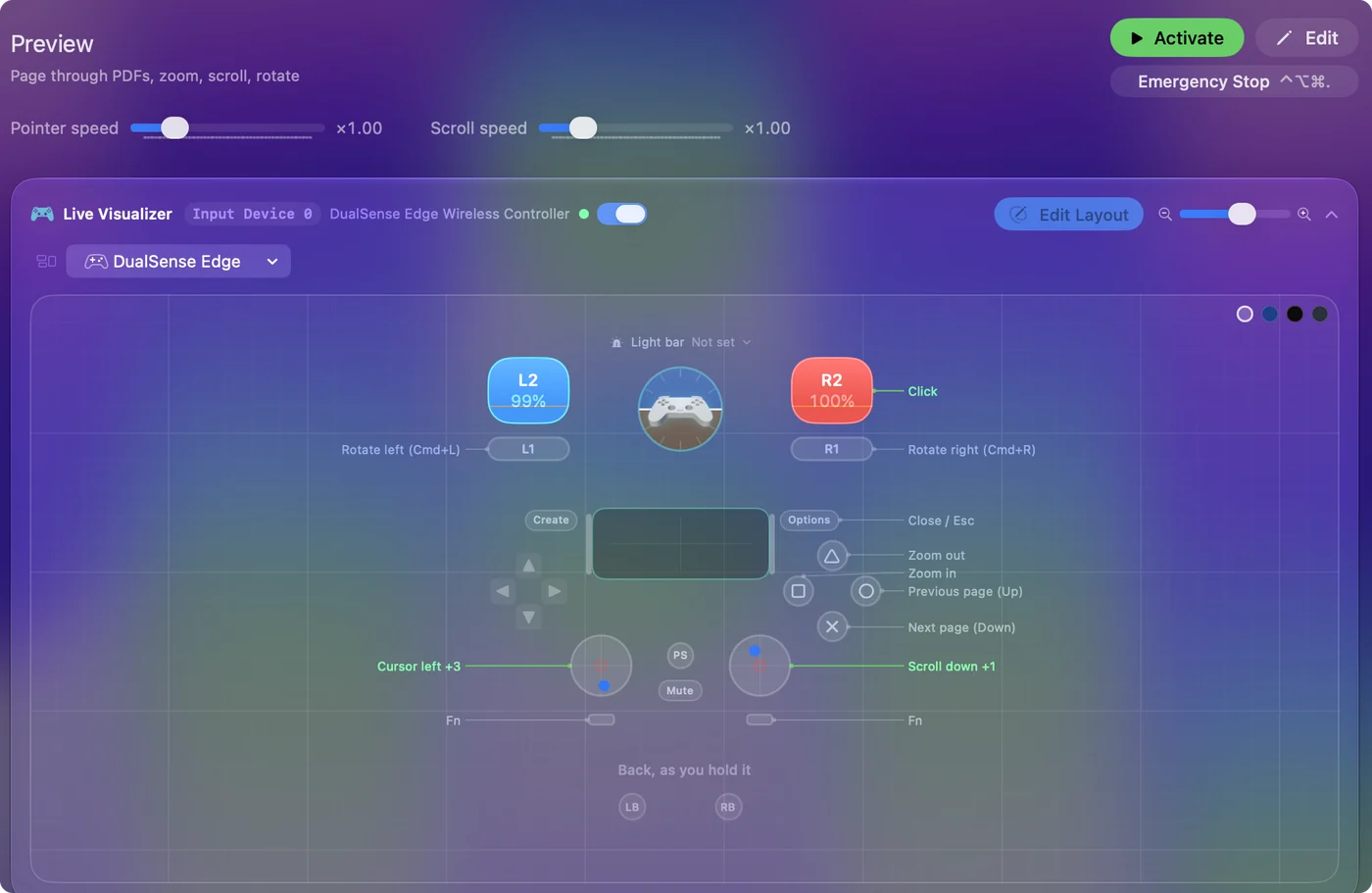 The Preview preset in InputConfig, drawn on a DualSense Edge with each control labeled with the key or action it sends.