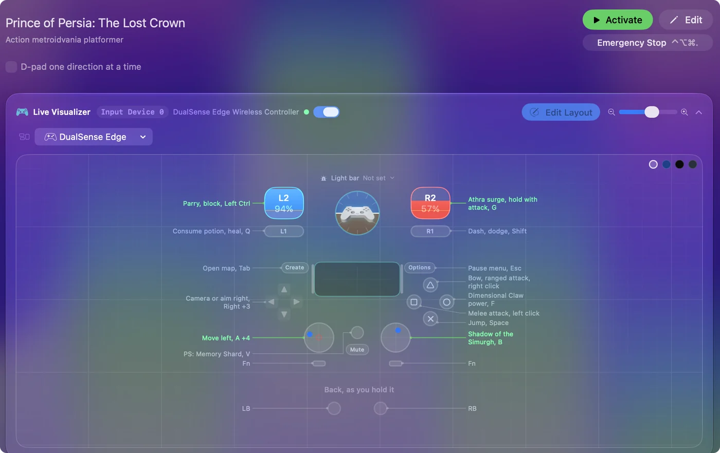The Prince of Persia: The Lost Crown preset in InputConfig, drawn on a DualSense Edge with each control labeled with the key or action it sends.
