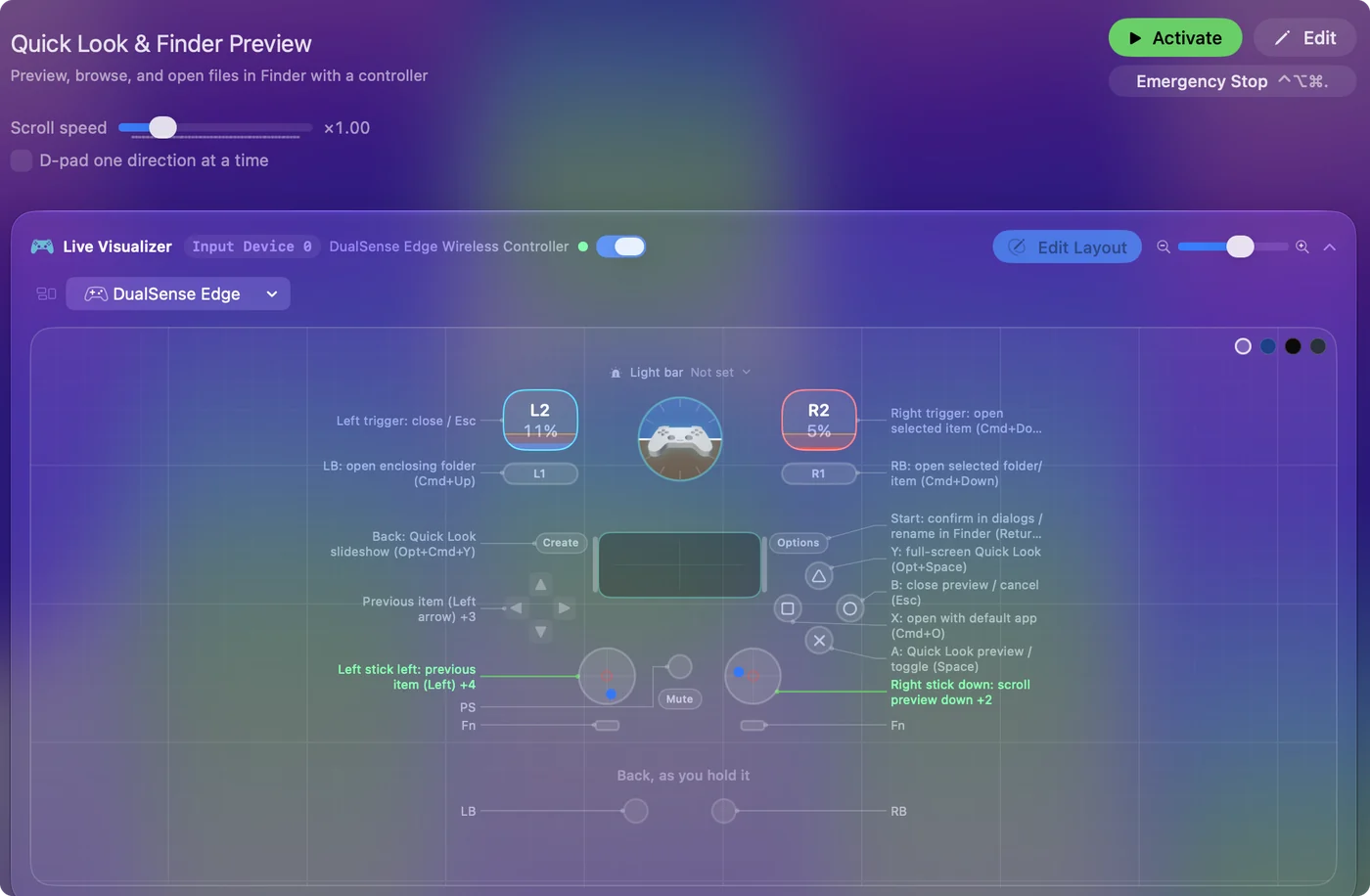 The Quick Look & Finder Preview preset in InputConfig, drawn on a DualSense Edge with each control labeled with the key or action it sends.