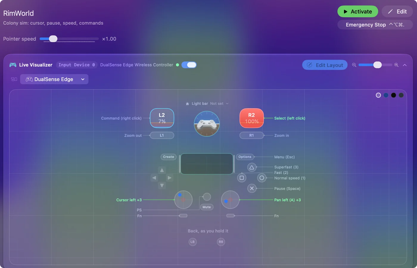 The RimWorld preset in InputConfig, drawn on a DualSense Edge with each control labeled with the key or action it sends.