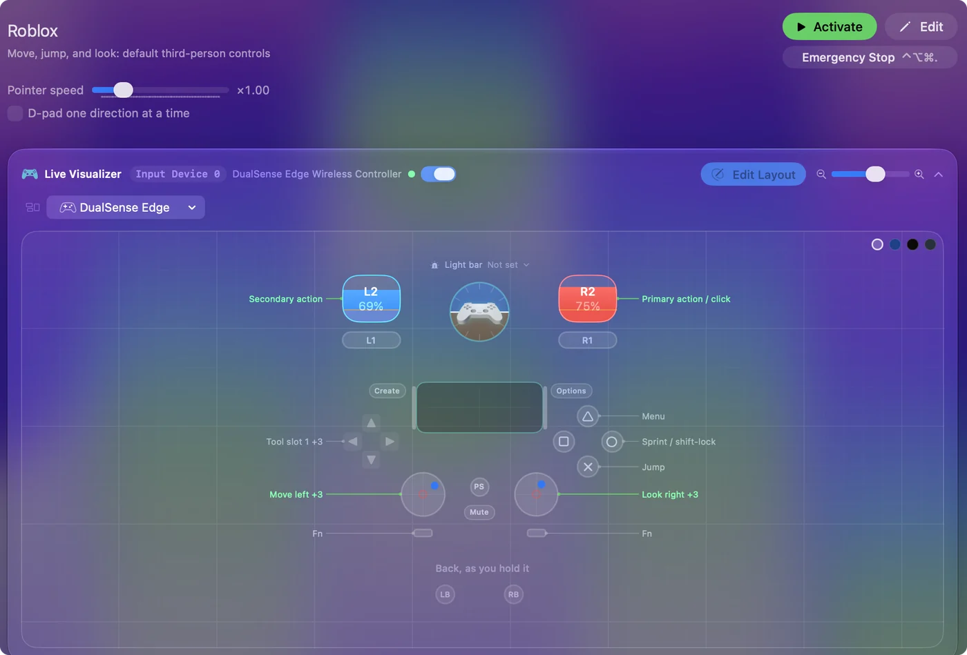 The Roblox preset in InputConfig, drawn on a DualSense Edge with each control labeled with the key or action it sends.