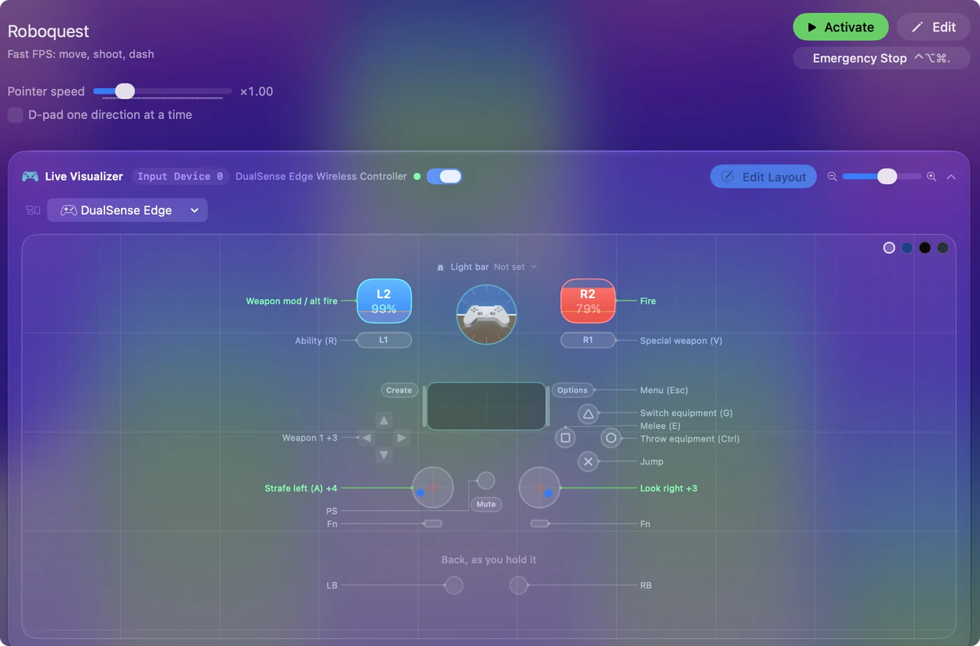 The Roboquest preset in InputConfig, drawn on a DualSense Edge with each control labeled with the key or action it sends.