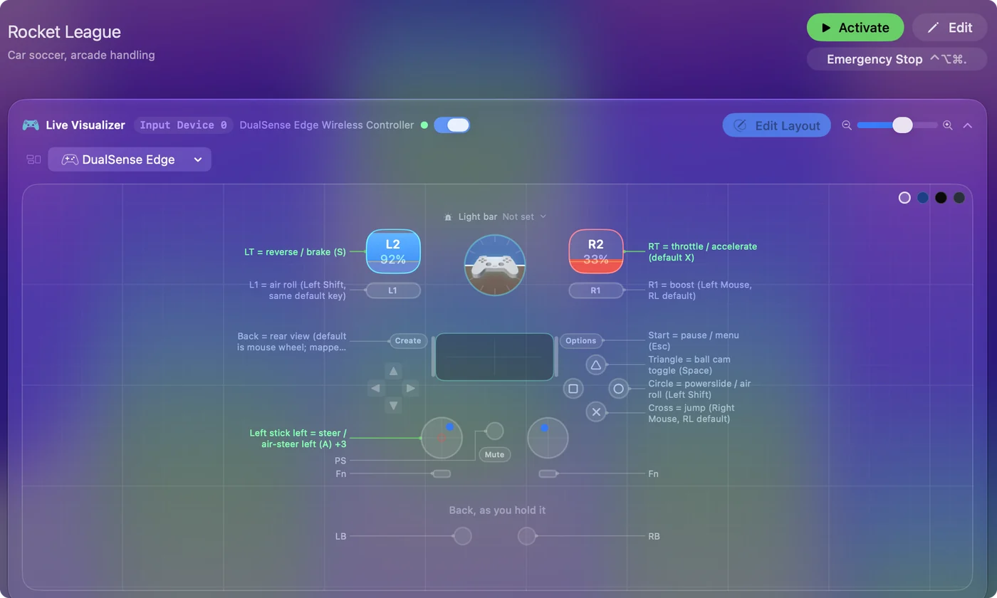 The Rocket League preset in InputConfig, drawn on a DualSense Edge with each control labeled with the key or action it sends.