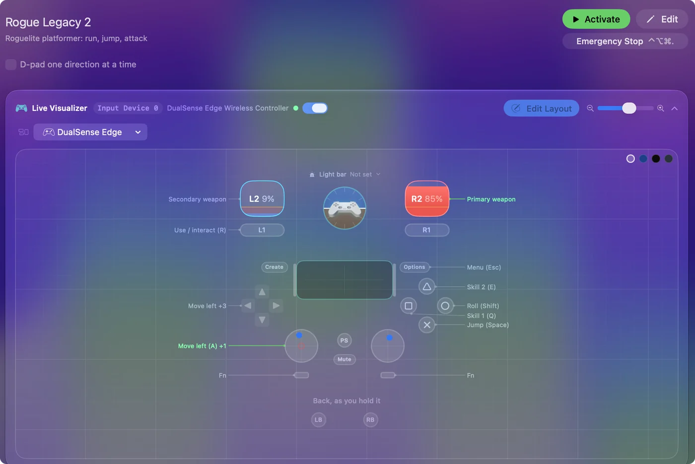 The Rogue Legacy 2 preset in InputConfig, drawn on a DualSense Edge with each control labeled with the key or action it sends.
