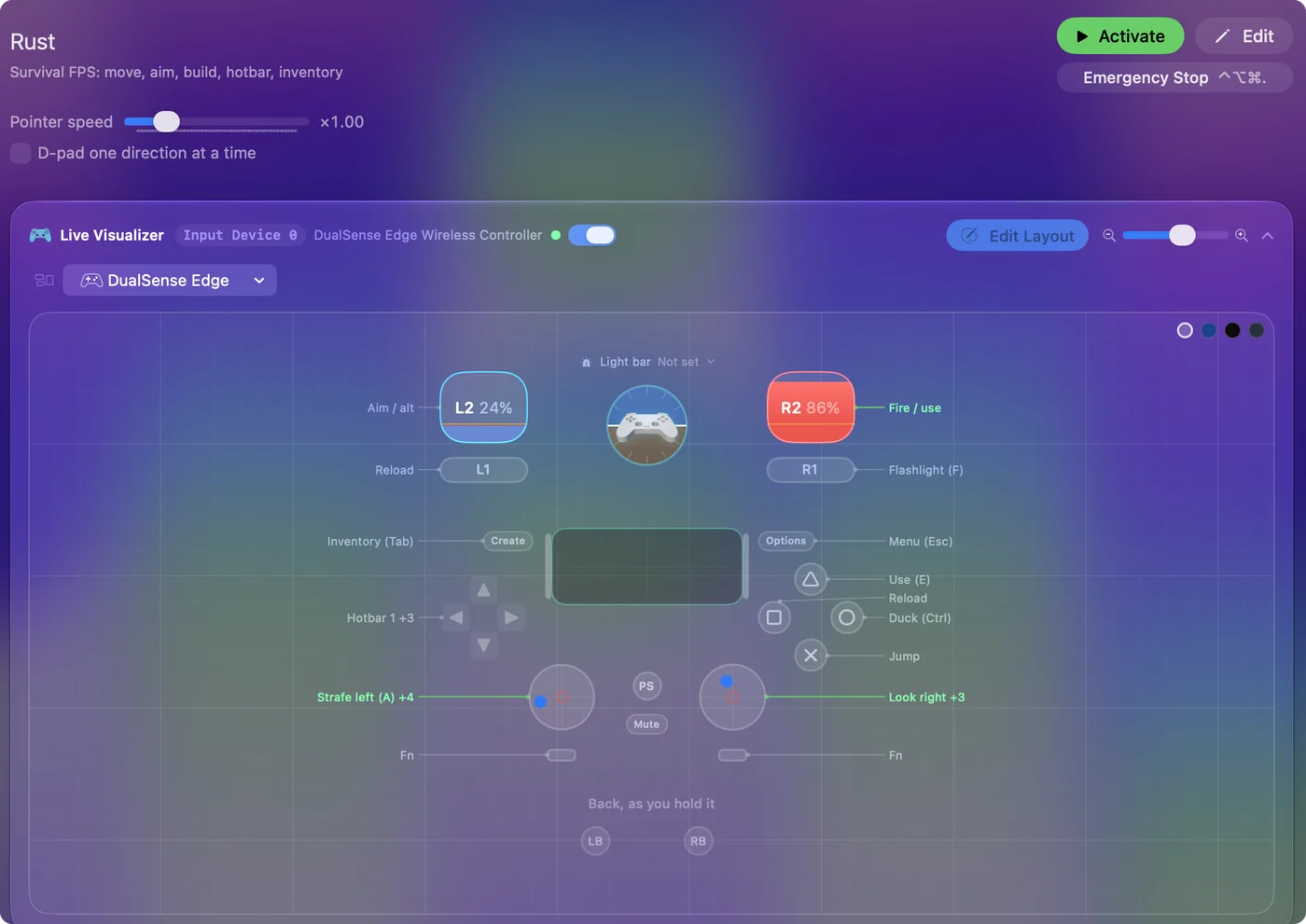 The Rust preset in InputConfig, drawn on a DualSense Edge with each control labeled with the key or action it sends.
