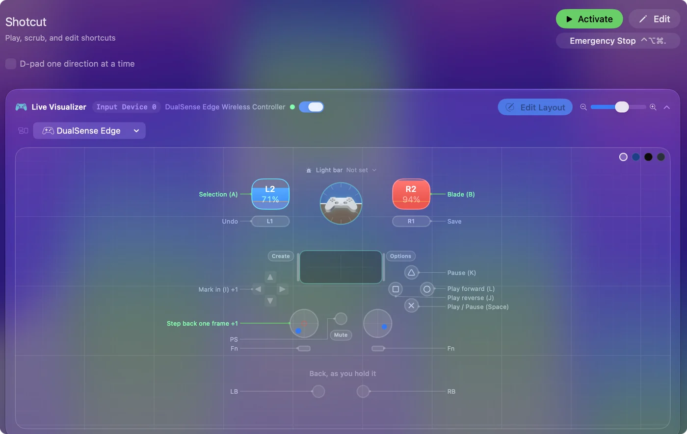 The Shotcut preset in InputConfig, drawn on a DualSense Edge with each control labeled with the key or action it sends.