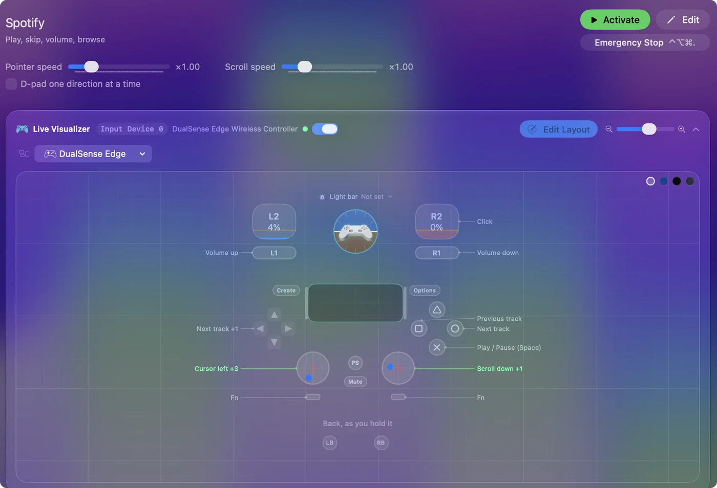 The Spotify preset in InputConfig, drawn on a DualSense Edge with each control labeled with the key or action it sends.