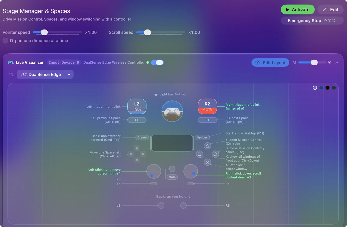 The Stage Manager & Spaces preset in InputConfig, drawn on a DualSense Edge with each control labeled with the key or action it sends.