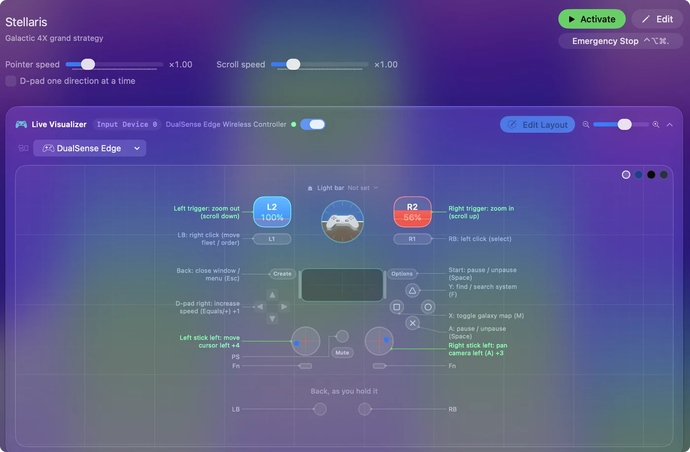 The Stellaris preset in InputConfig, drawn on a DualSense Edge with each control labeled with the key or action it sends.