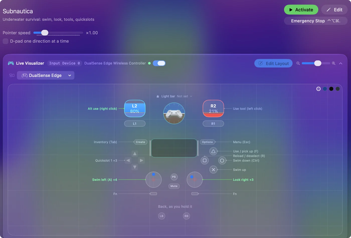 The Subnautica preset in InputConfig, drawn on a DualSense Edge with each control labeled with the key or action it sends.