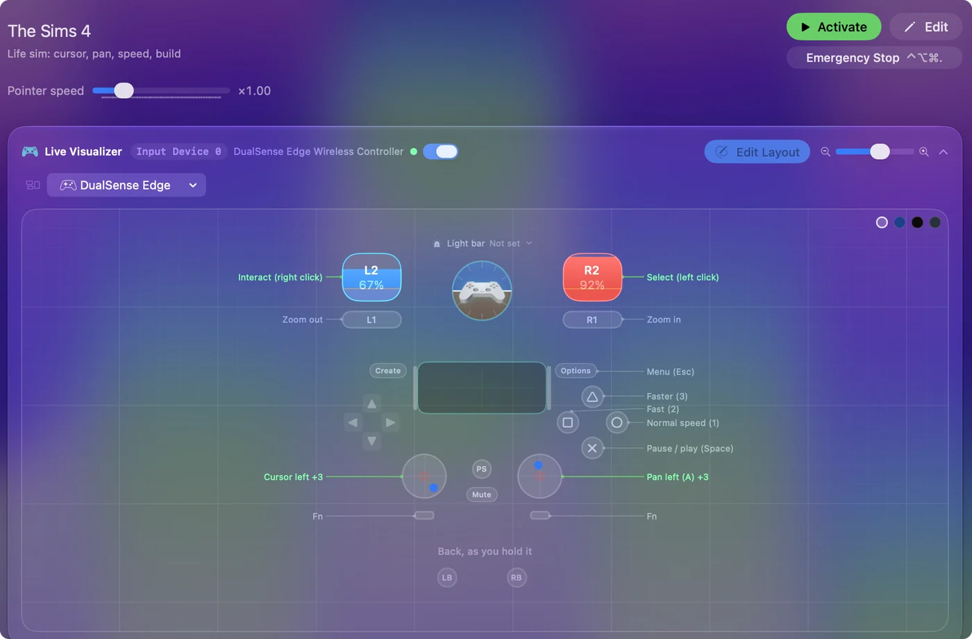 The The Sims 4 preset in InputConfig, drawn on a DualSense Edge with each control labeled with the key or action it sends.