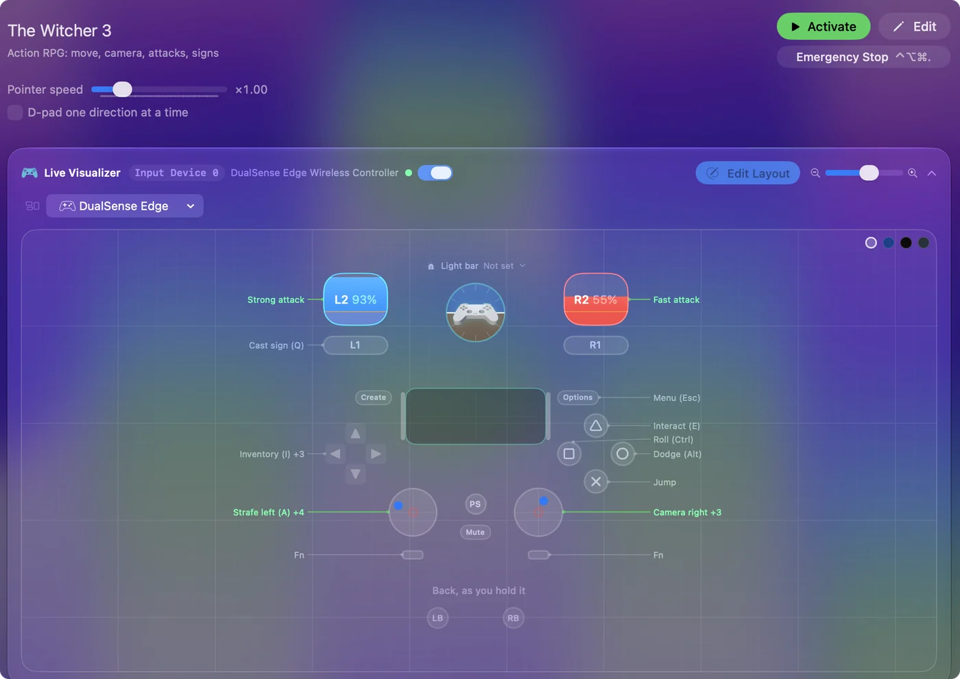 The The Witcher 3 preset in InputConfig, drawn on a DualSense Edge with each control labeled with the key or action it sends.