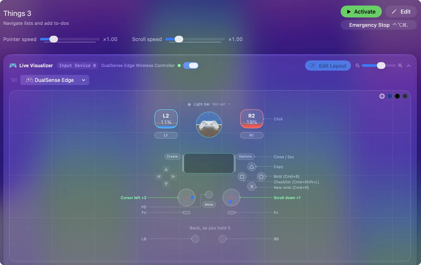 The Things 3 preset in InputConfig, drawn on a DualSense Edge with each control labeled with the key or action it sends.