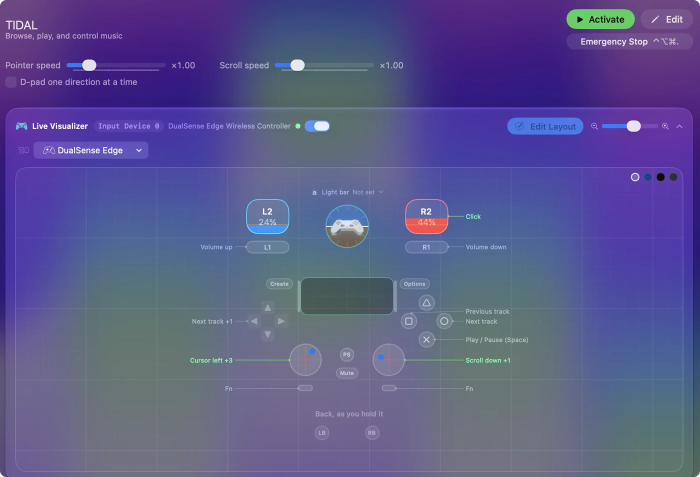 The TIDAL preset in InputConfig, drawn on a DualSense Edge with each control labeled with the key or action it sends.