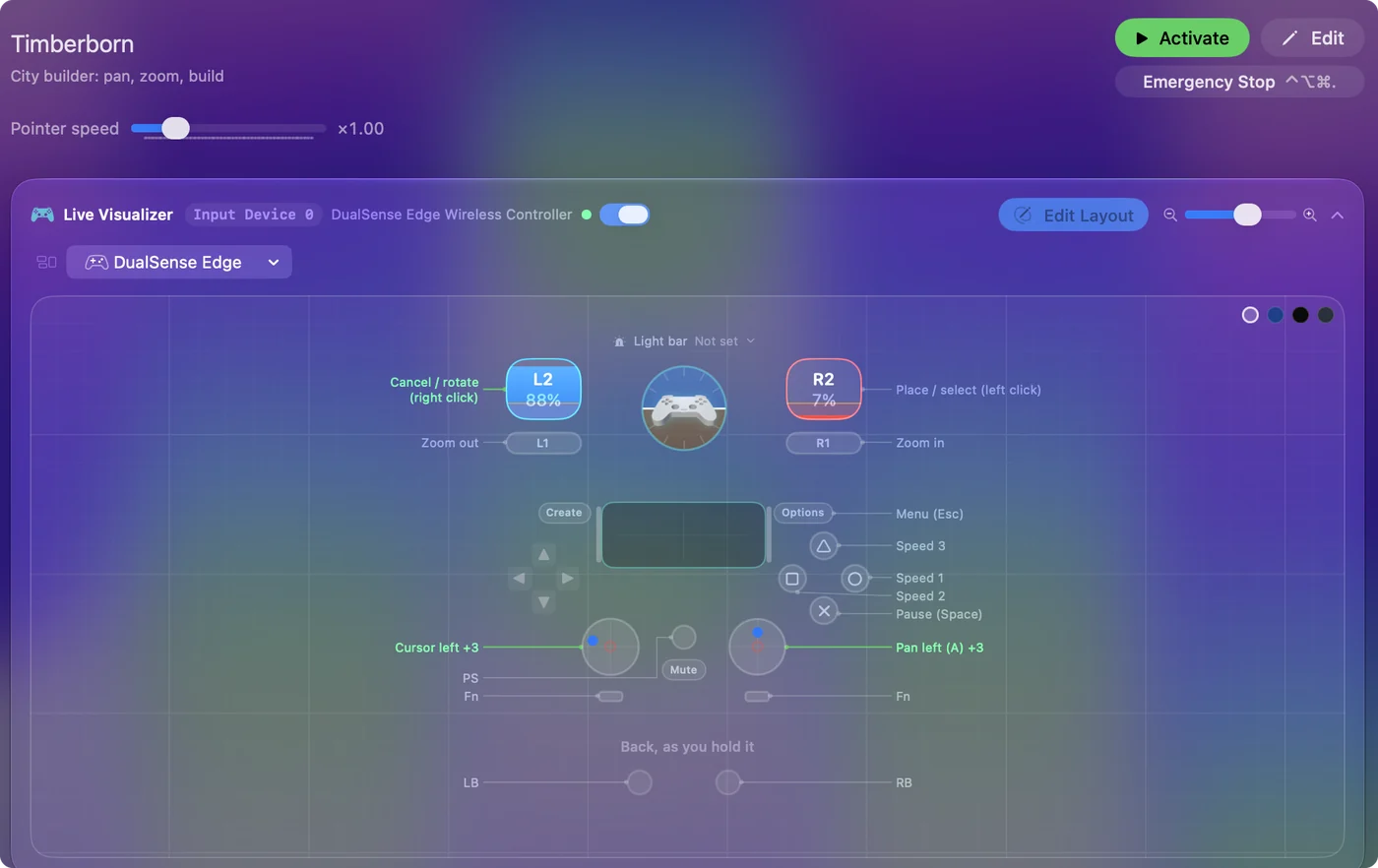 The Timberborn preset in InputConfig, drawn on a DualSense Edge with each control labeled with the key or action it sends.