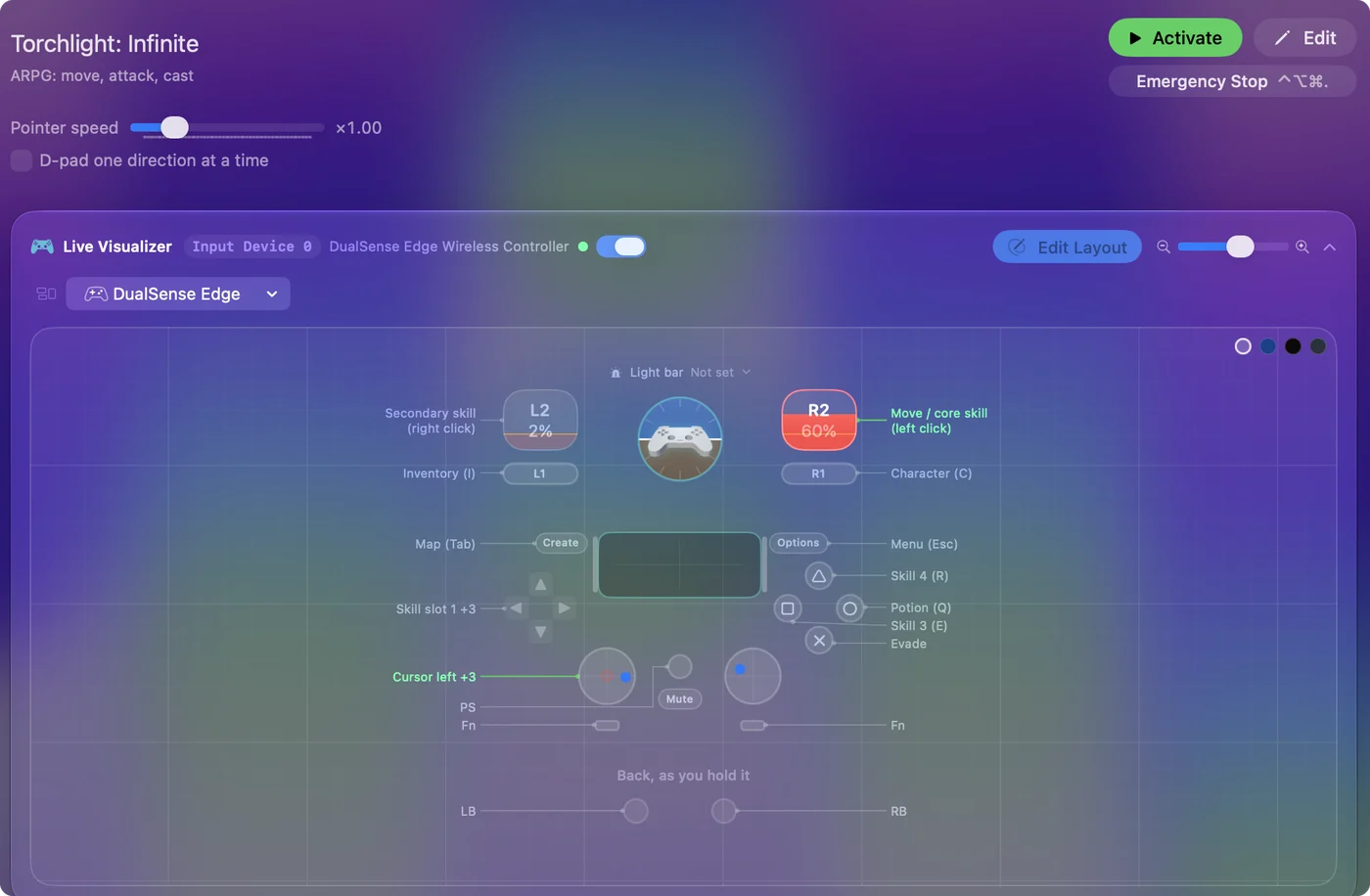 The Torchlight: Infinite preset in InputConfig, drawn on a DualSense Edge with each control labeled with the key or action it sends.