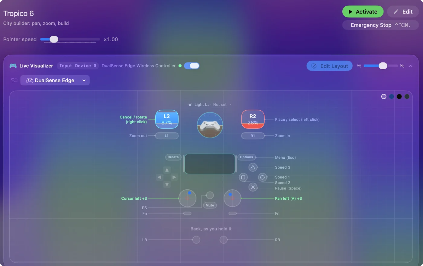 The Tropico 6 preset in InputConfig, drawn on a DualSense Edge with each control labeled with the key or action it sends.