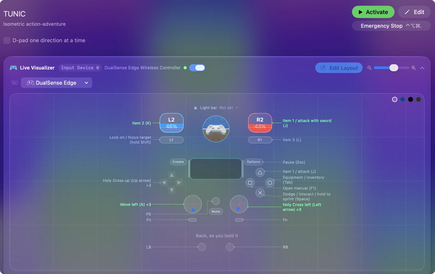 The TUNIC preset in InputConfig, drawn on a DualSense Edge with each control labeled with the key or action it sends.