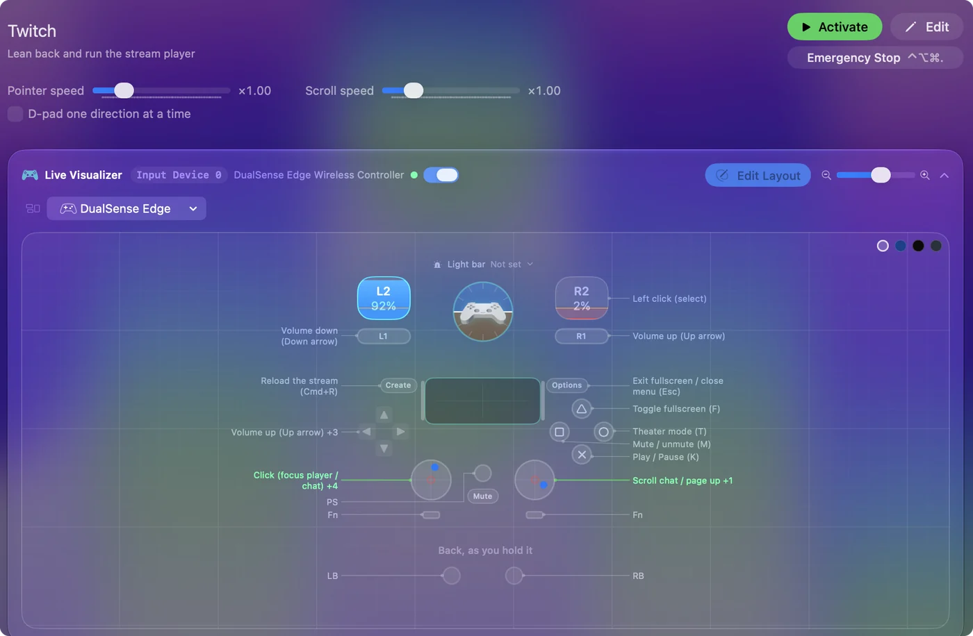 The Twitch preset in InputConfig, drawn on a DualSense Edge with each control labeled with the key or action it sends.