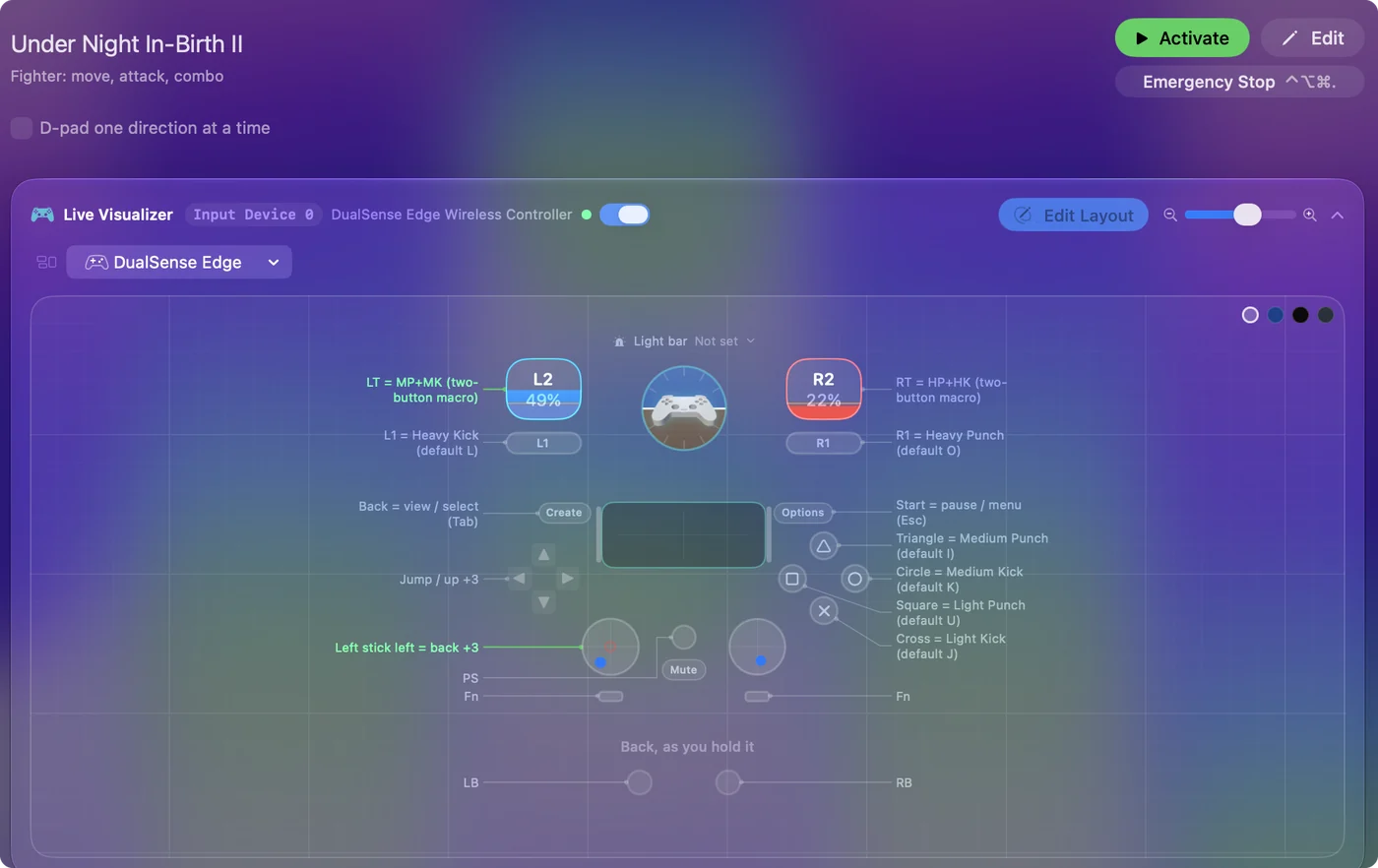 The Under Night In-Birth II preset in InputConfig, drawn on a DualSense Edge with each control labeled with the key or action it sends.