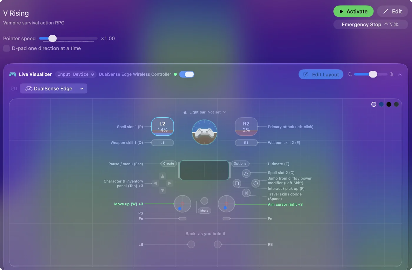 The V Rising preset in InputConfig, drawn on a DualSense Edge with each control labeled with the key or action it sends.