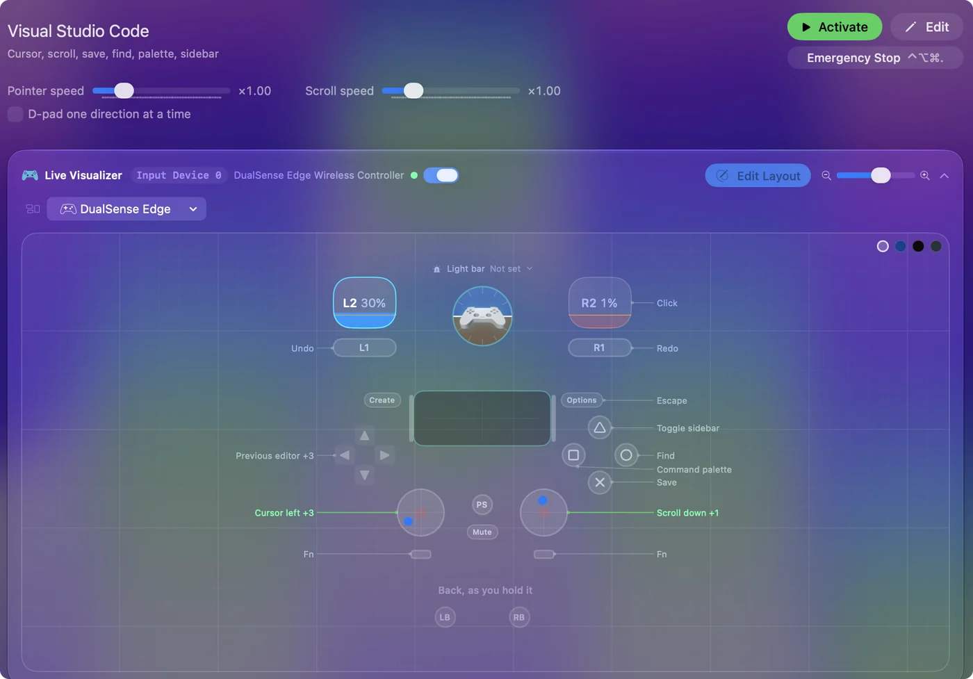 The Visual Studio Code preset in InputConfig, drawn on a DualSense Edge with each control labeled with the key or action it sends.