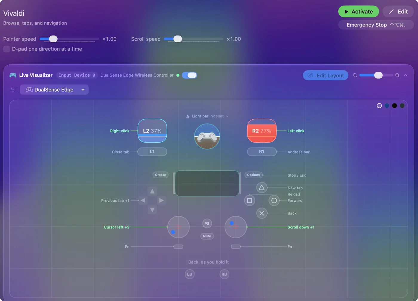The Vivaldi preset in InputConfig, drawn on a DualSense Edge with each control labeled with the key or action it sends.