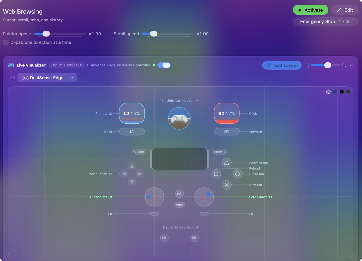 The Web Browsing preset in InputConfig, drawn on a DualSense Edge with each control labeled with the key or action it sends.