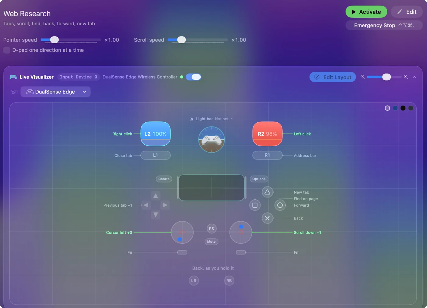 The Web Research preset in InputConfig, drawn on a DualSense Edge with each control labeled with the key or action it sends.