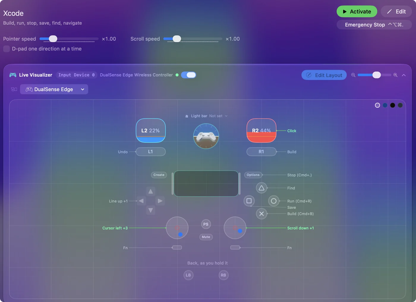 The Xcode preset in InputConfig, drawn on a DualSense Edge with each control labeled with the key or action it sends.