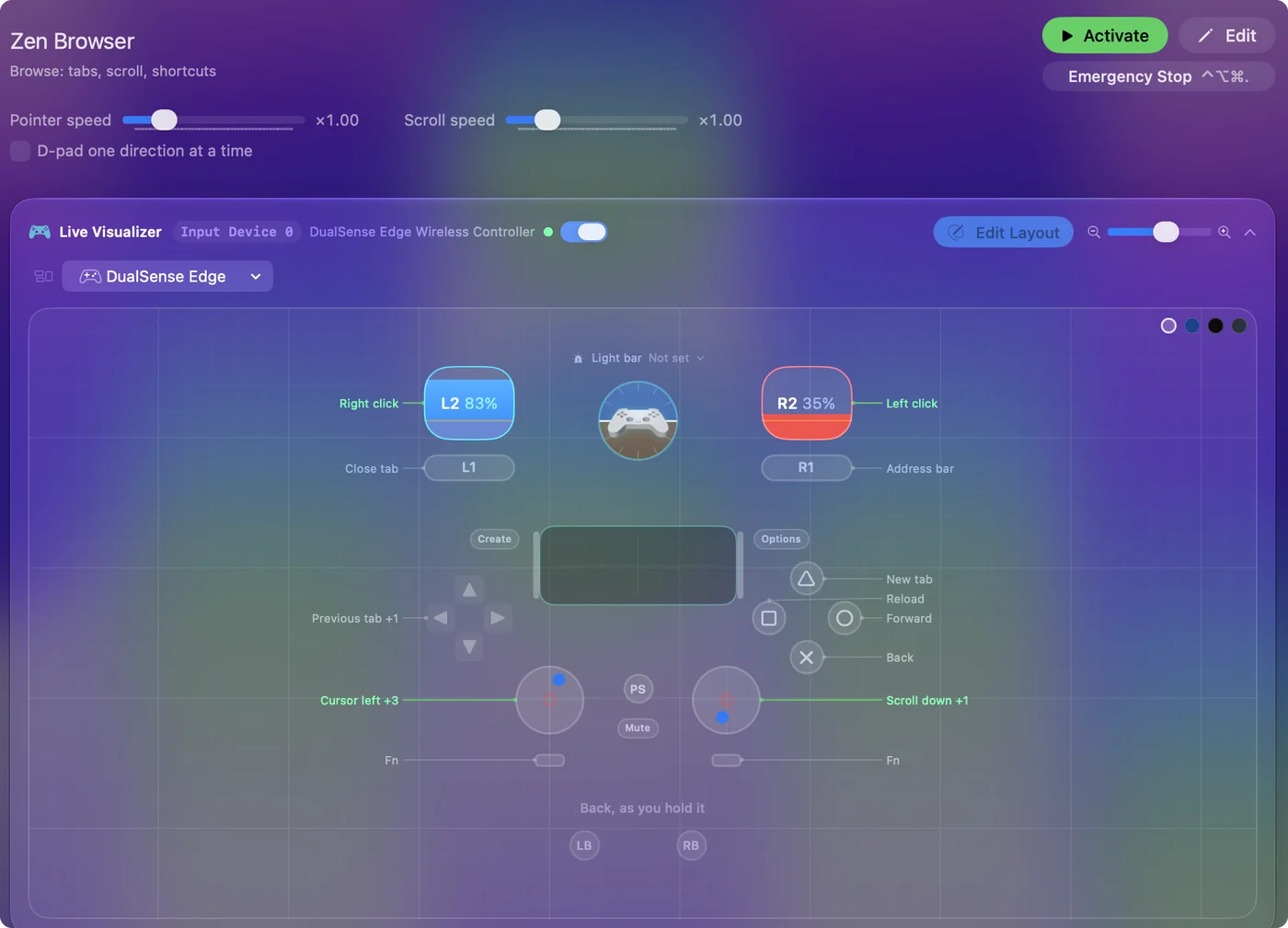 The Zen Browser preset in InputConfig, drawn on a DualSense Edge with each control labeled with the key or action it sends.