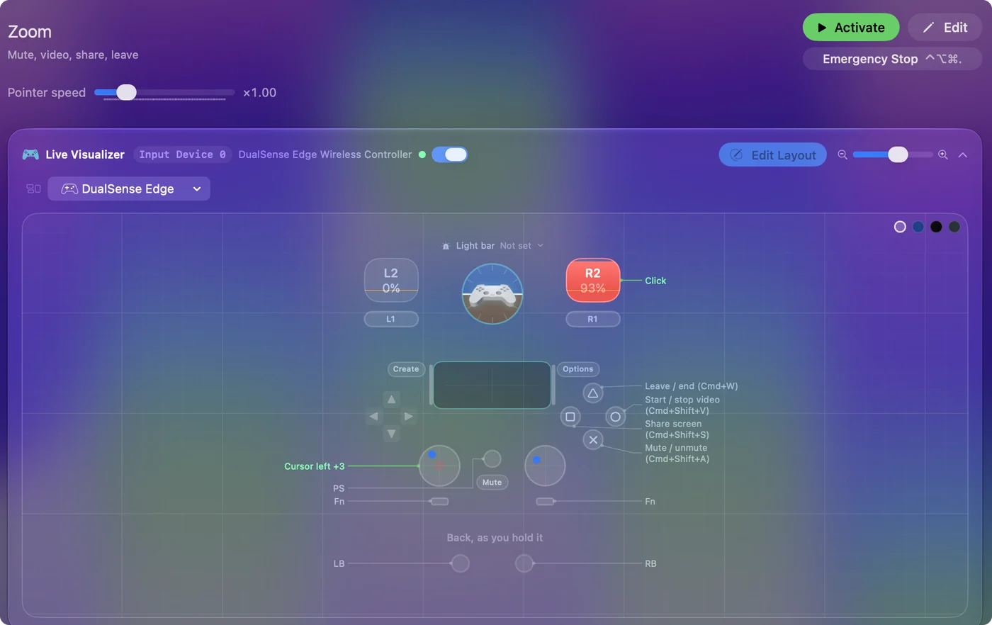 The Zoom preset in InputConfig, drawn on a DualSense Edge with each control labeled with the key or action it sends.
